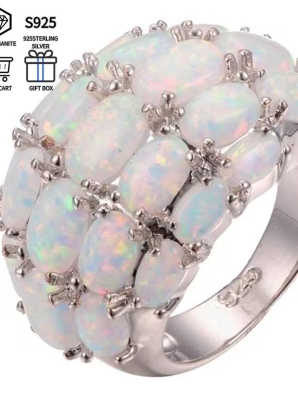 GORGEOUS RARE MOZANBIQUE GRADE CERT MOISSSANITE OPALS STERLING DOME RING SZ 7 N
